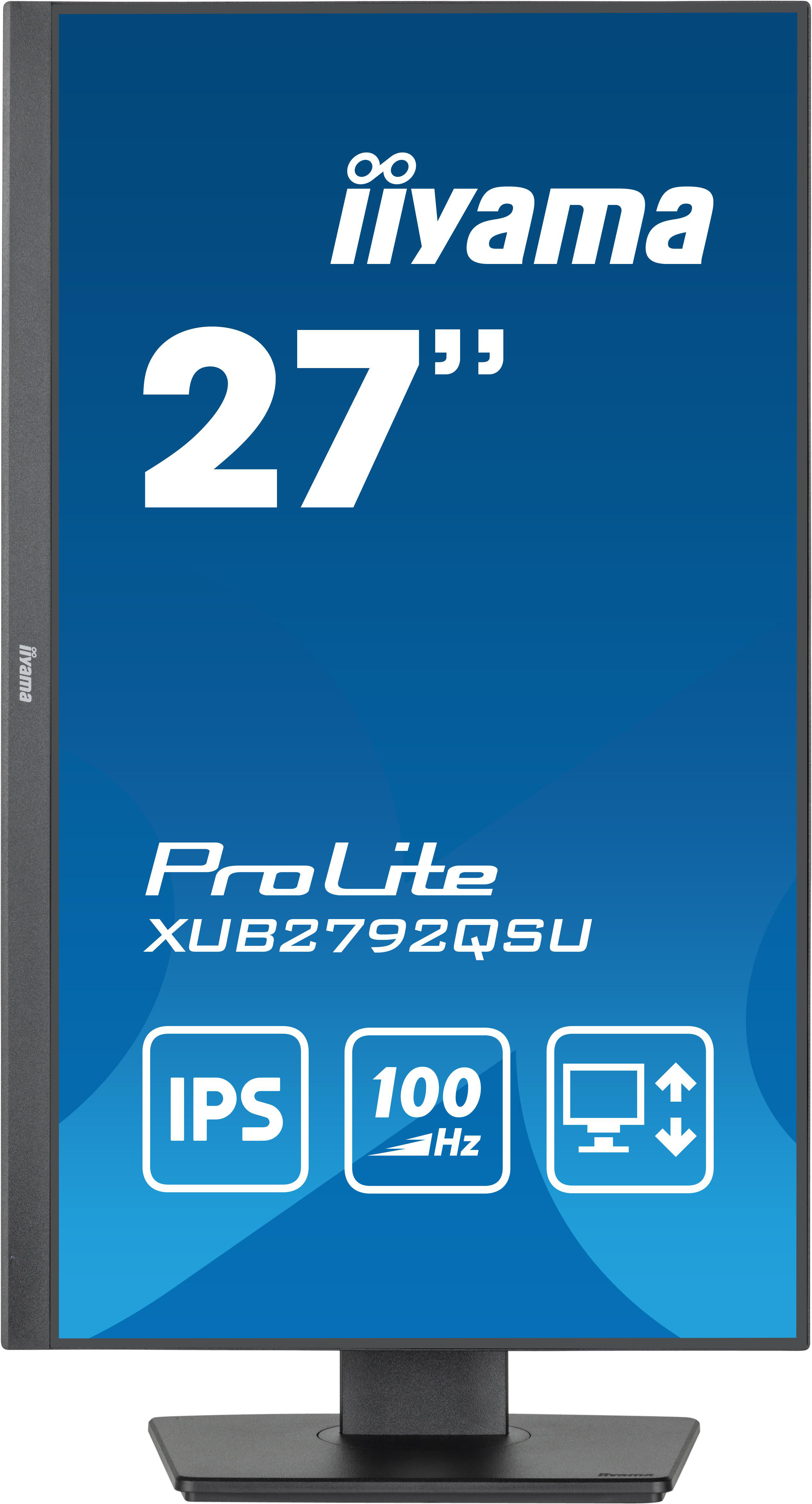 Ein 27-Zoll-Computermonitor mit Text und Symbolen, einschließlich der Marken 'iiyama' und 'ProLite'.