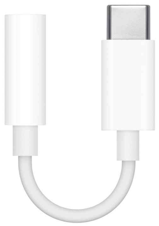 Biały adapter USB-C do gniazda słuchawkowego 3,5 mm. Ma zakrzywiony kabel.