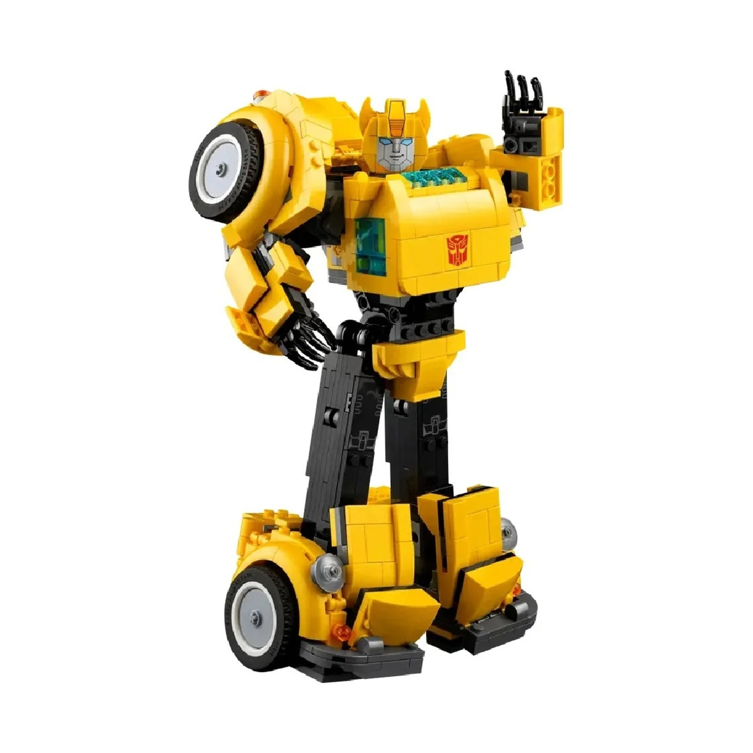 Personaggio LEGO di Bumblebee in piedi, giallo e nero, con un frontale d'auto e il braccio alzato.