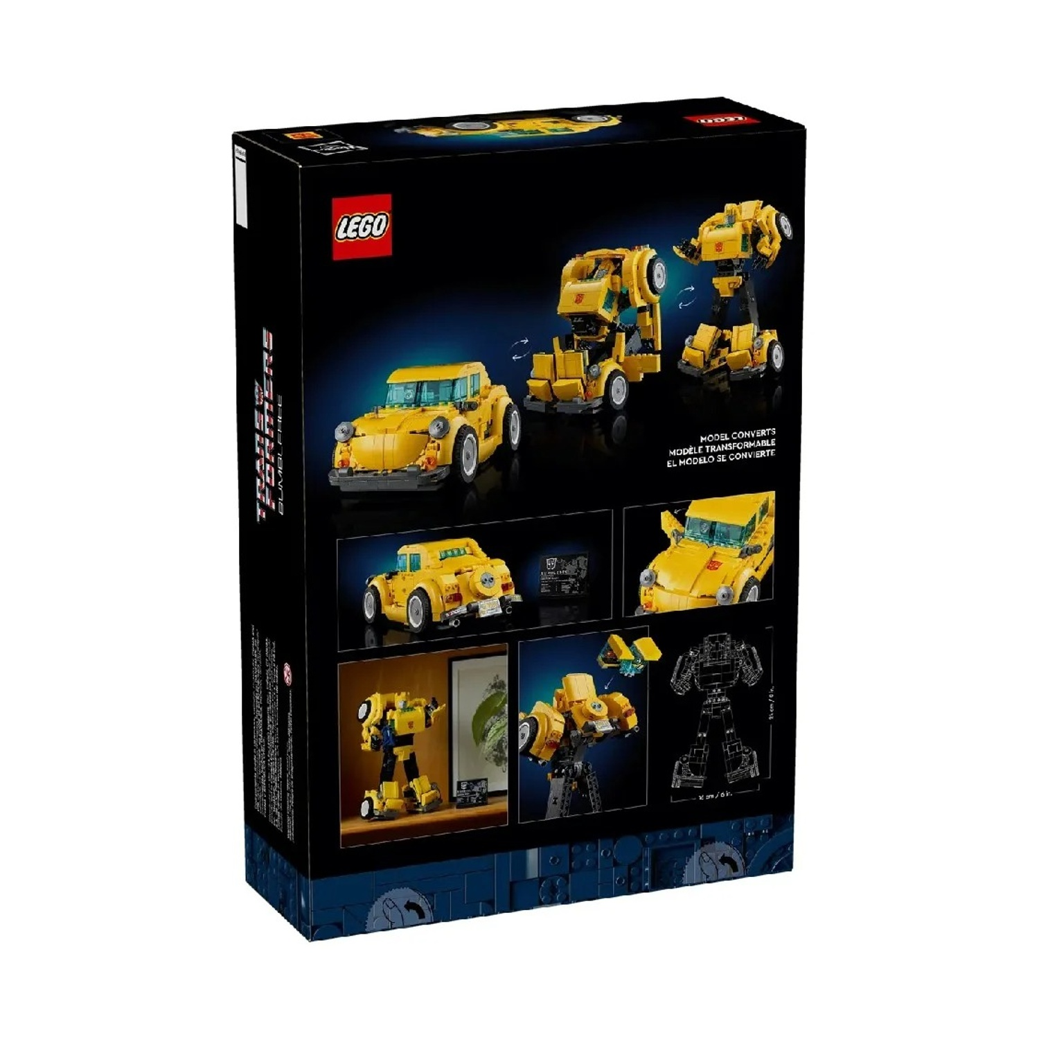 Una scatola LEGO che mostra Bumblebee, un Transformer giallo, in diverse fasi di trasformazione.