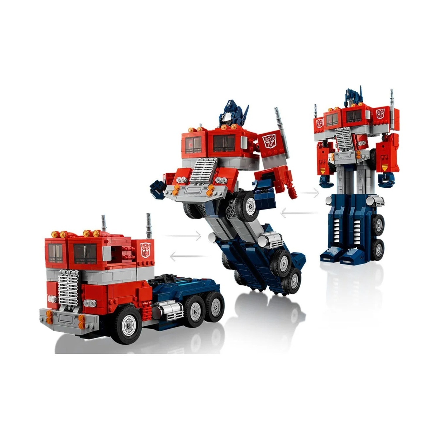 Modello Lego di un camion Optimus Prime rosso e blu trasformabile.