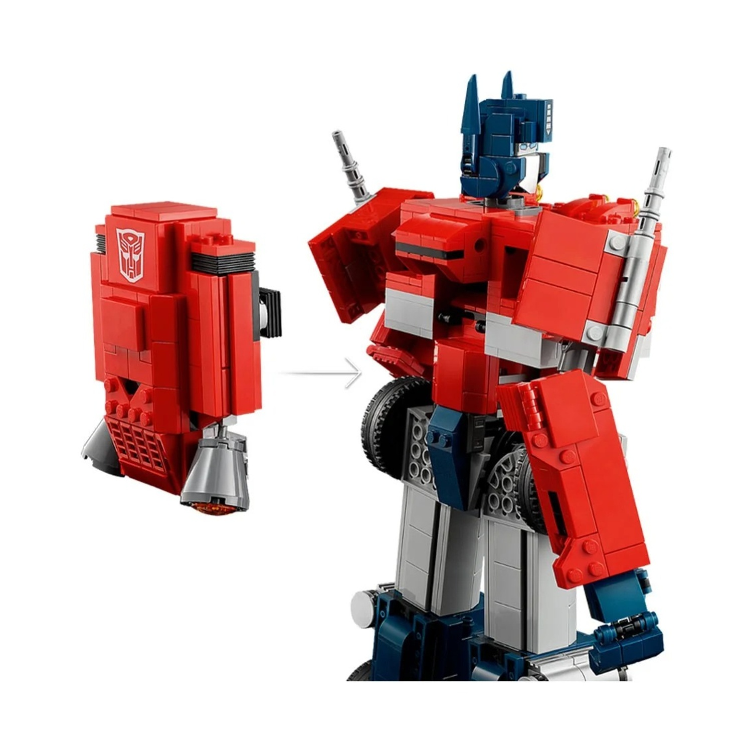 Lego Optimus Prime che si trasforma da camion a robot. La parte rossa del camion è a sinistra.