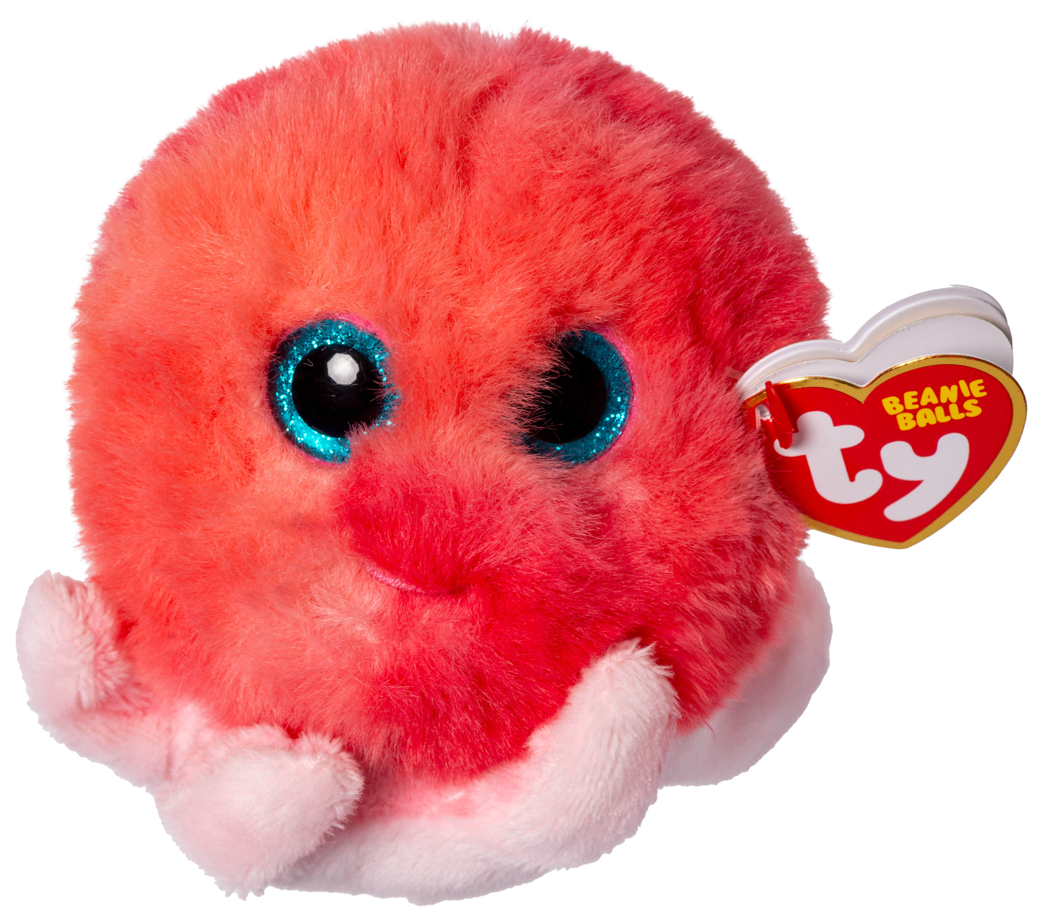 Ein plüschiger, runder, rosa Quallen-Spielzeug mit blauen Augen und einem Etikett mit der Aufschrift 'Beanie Balls'.