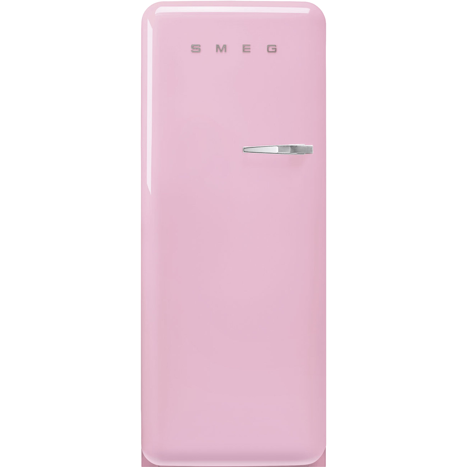 Réfrigérateur SMEG rose rétro. Il a une poignée argentée et un design incurvé, sur fond noir.