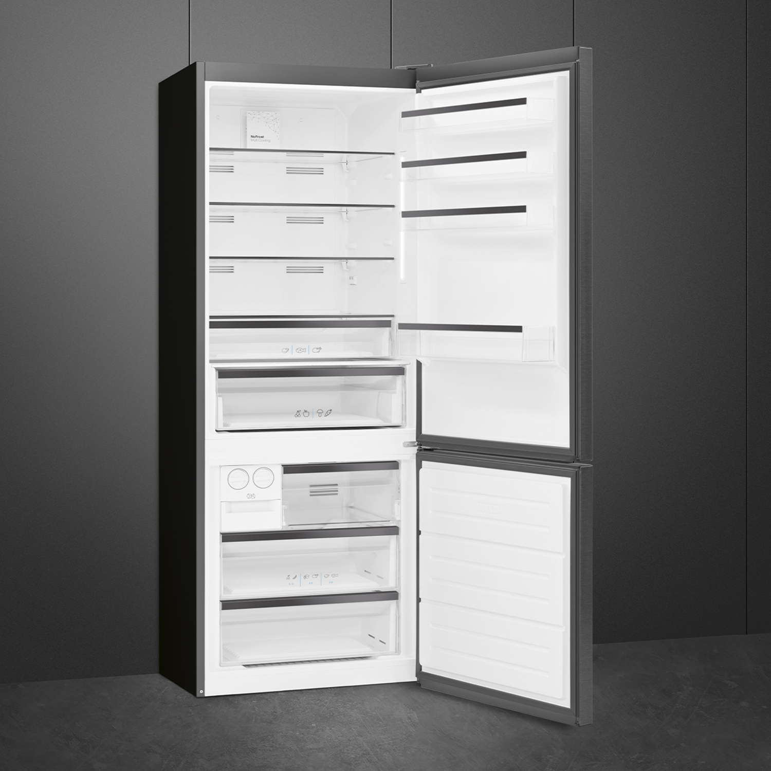 Open refrigerator, revealing shelves and drawers. Mostly empty. Bright interior with black frame.