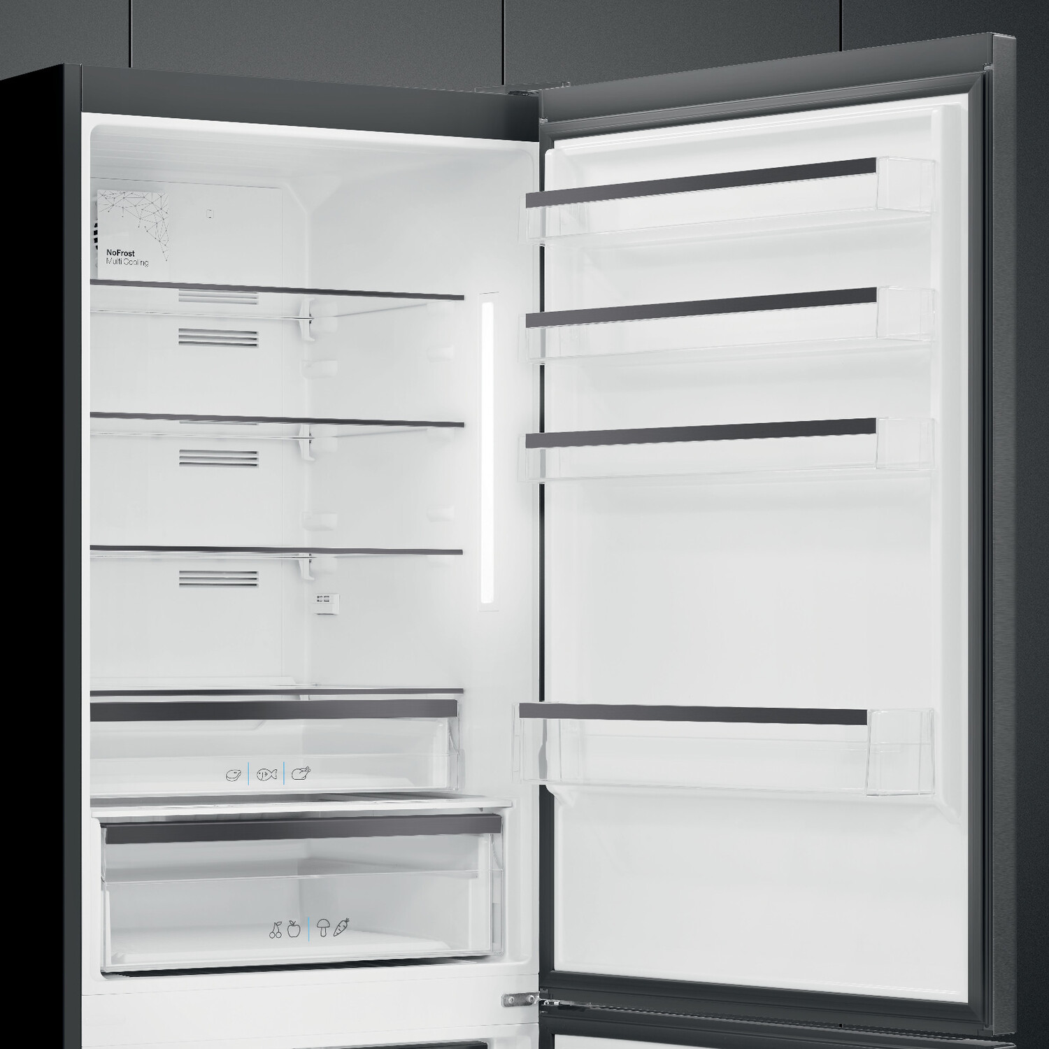 Black refrigerator with an open door. Shelves and drawers are visible.