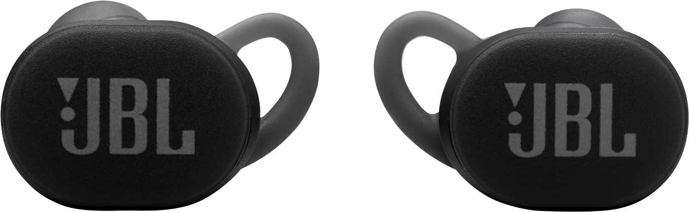 Zwei schwarze JBL-Ohrhörer mit grauen Ohrhaken vor schwarzem Hintergrund.