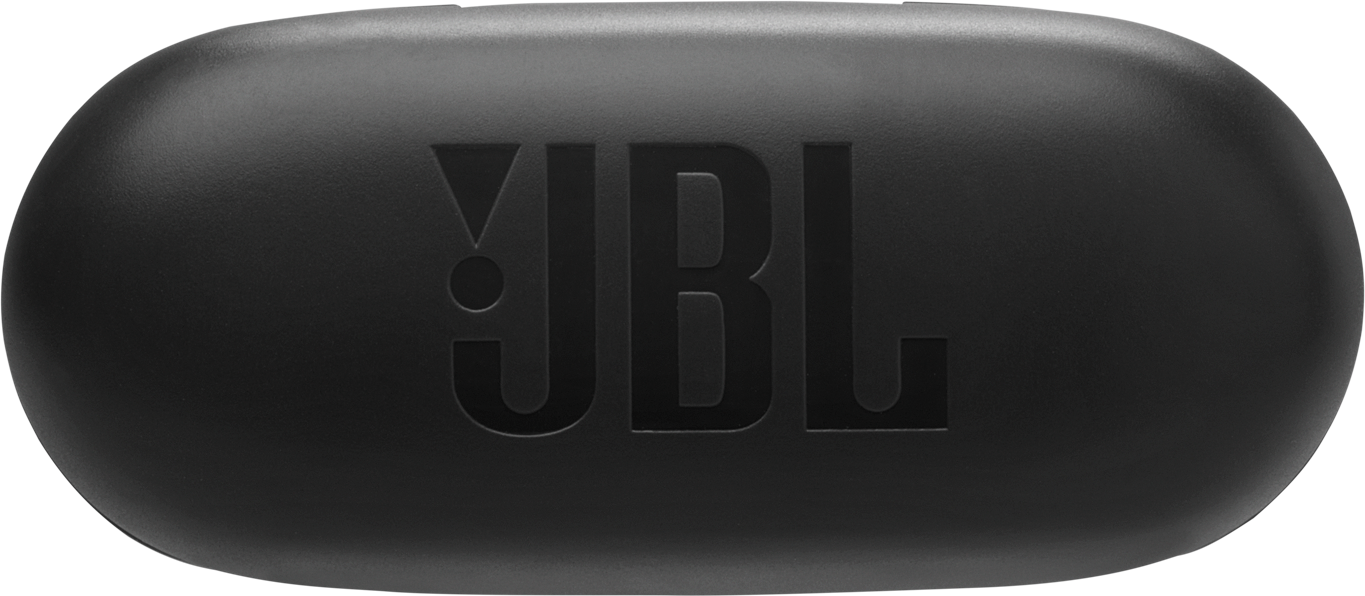 Schwarzes JBL-Kopfhörer-Etui mit JBL-Logo. Ovale Form.