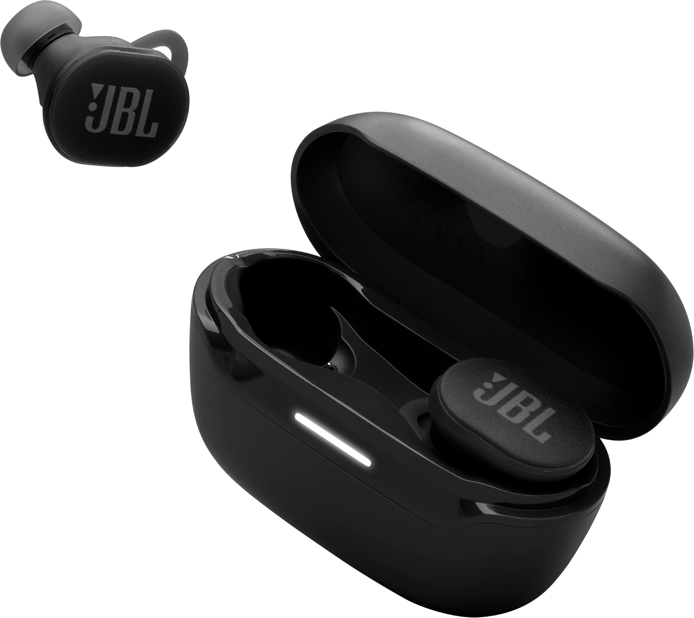 Schwarze JBL-Ohrhörer und -Etui. Die Ohrhörer sind im offenen Etui sichtbar.