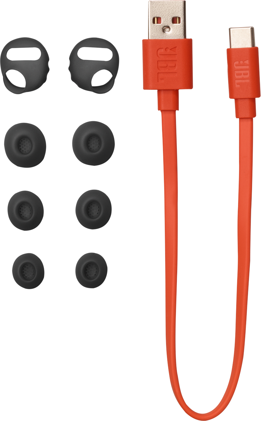 Oranges JBL USB-C-Ladekabel mit schwarzen Ohrstöpseln und Ohrhörerabdeckungen.