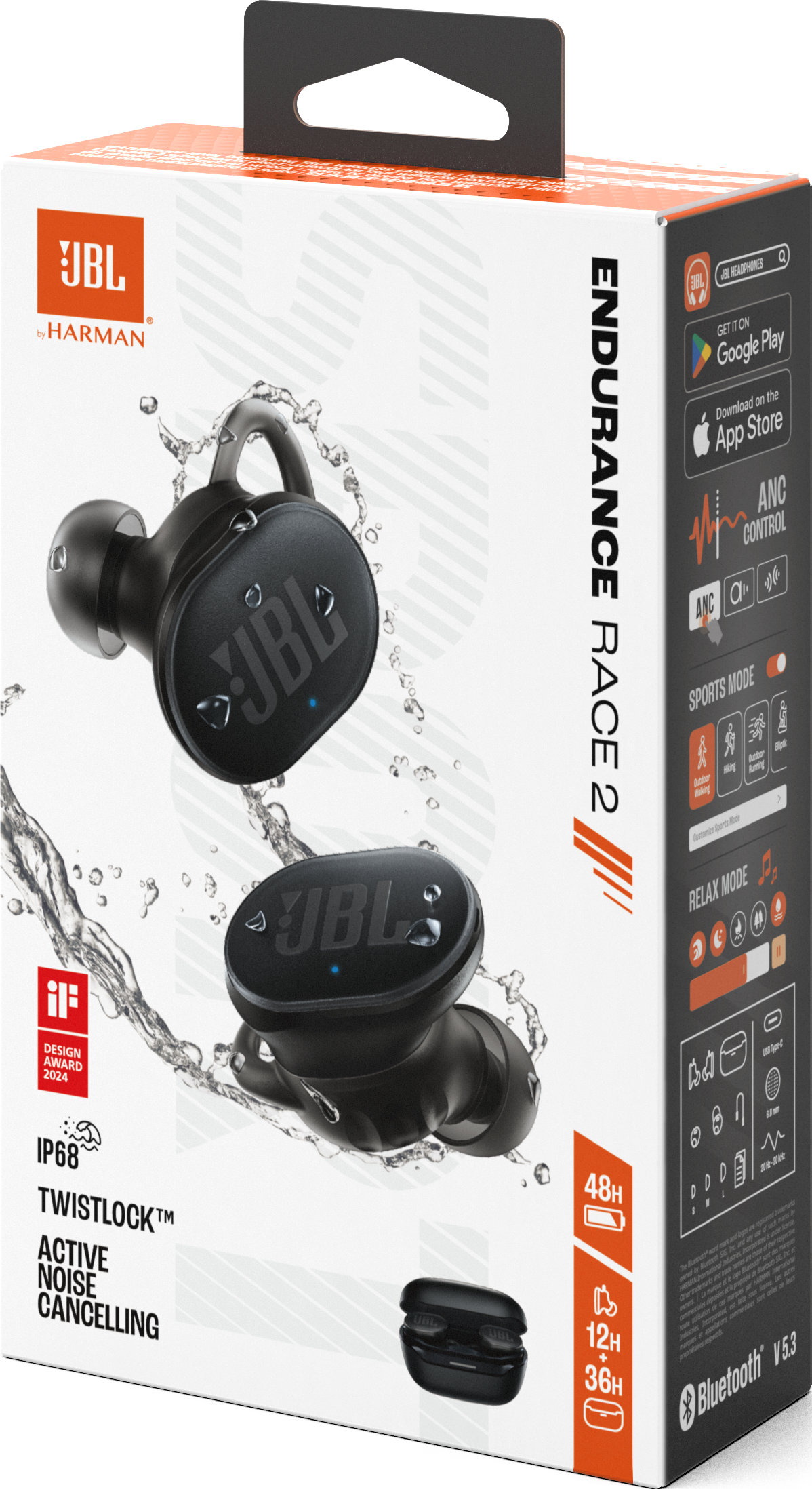 Schwarze JBL-Kopfhörer mit weiß-roter Box. Die Box zeigt Produktdetails.