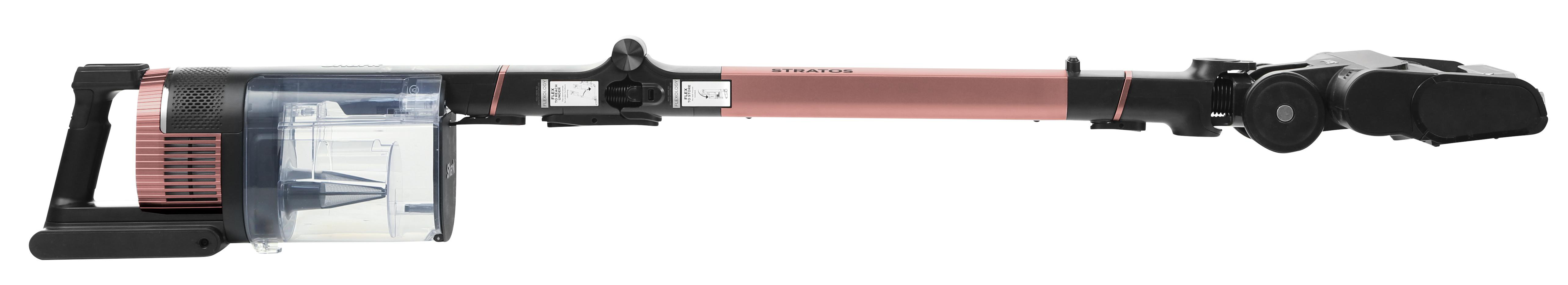 Kabelloser Staubsauger Shark Stratos. Rosa und schwarze Farben. Weißer Hintergrund.