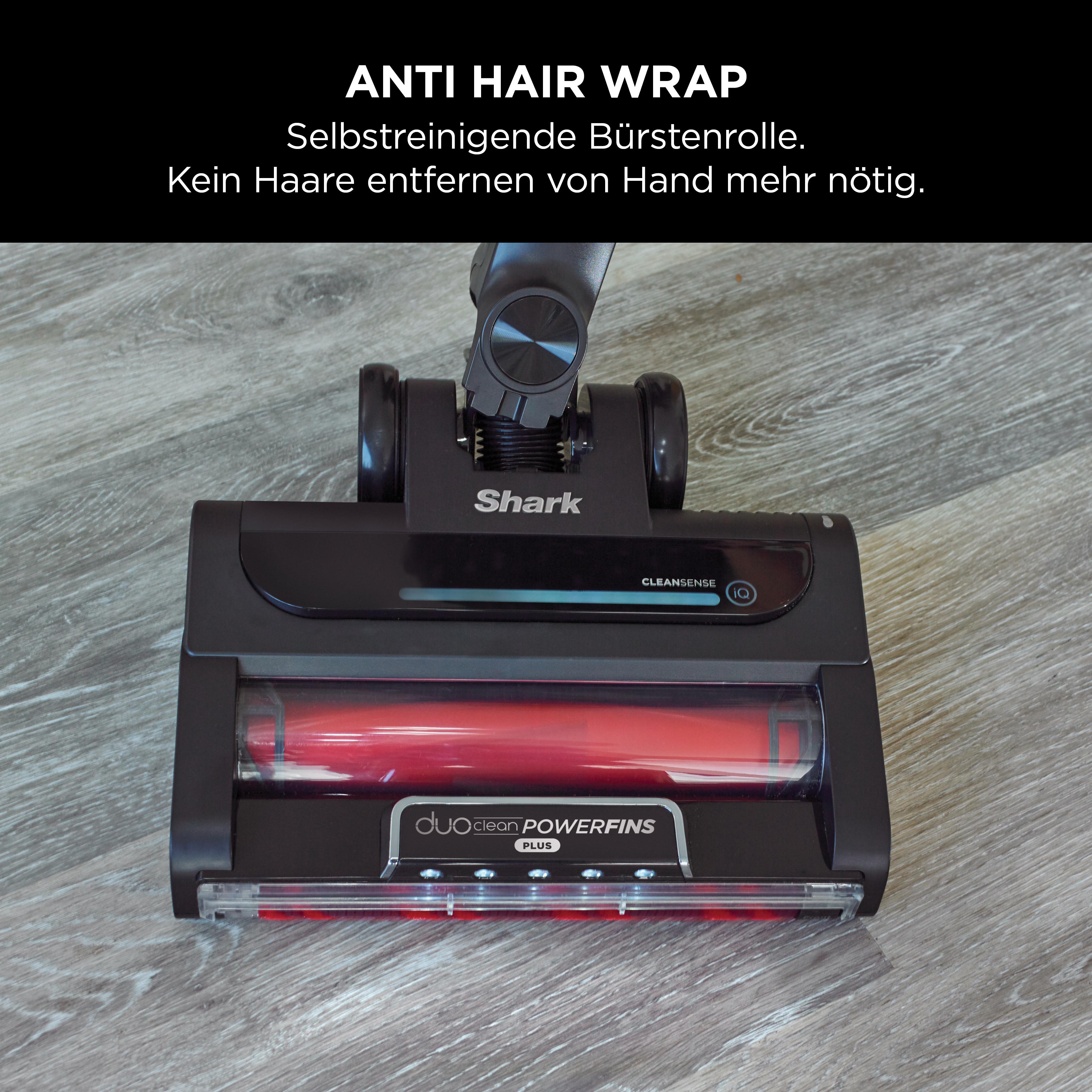 Staubsaugerkopf mit roter Bürstenwalze, auf grauem Boden. Text: ANTI HAIR WRAP.
