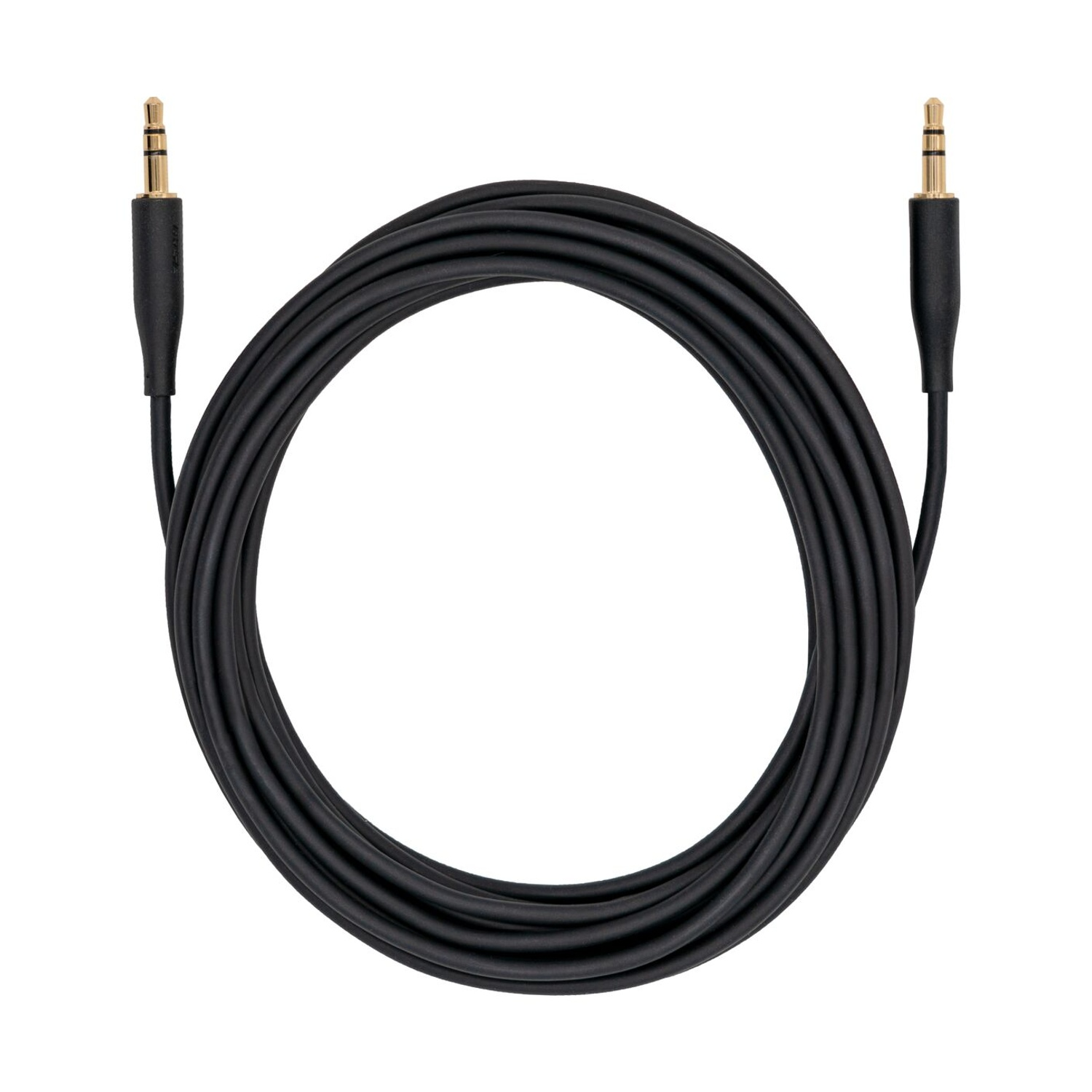 Cavo audio nero con connettori placcati in oro, arrotolato su sfondo bianco.