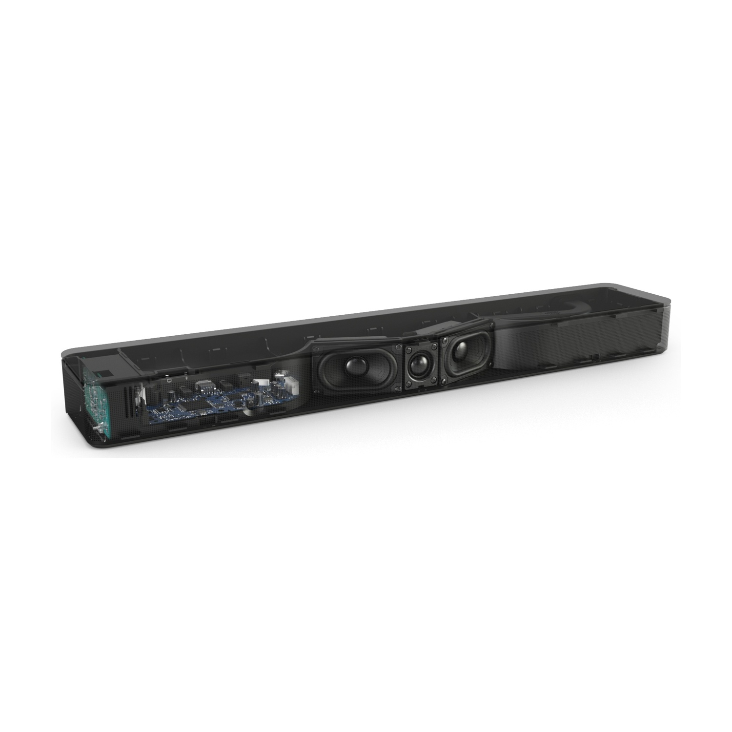 Una soundbar nera con componenti interni visibili, altoparlanti e circuiti.