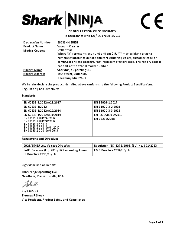 Ein Dokument mit der Bezeichnung 'SharkNinja' mit Text über einen Staubsauger und Konformitätserklärungen.