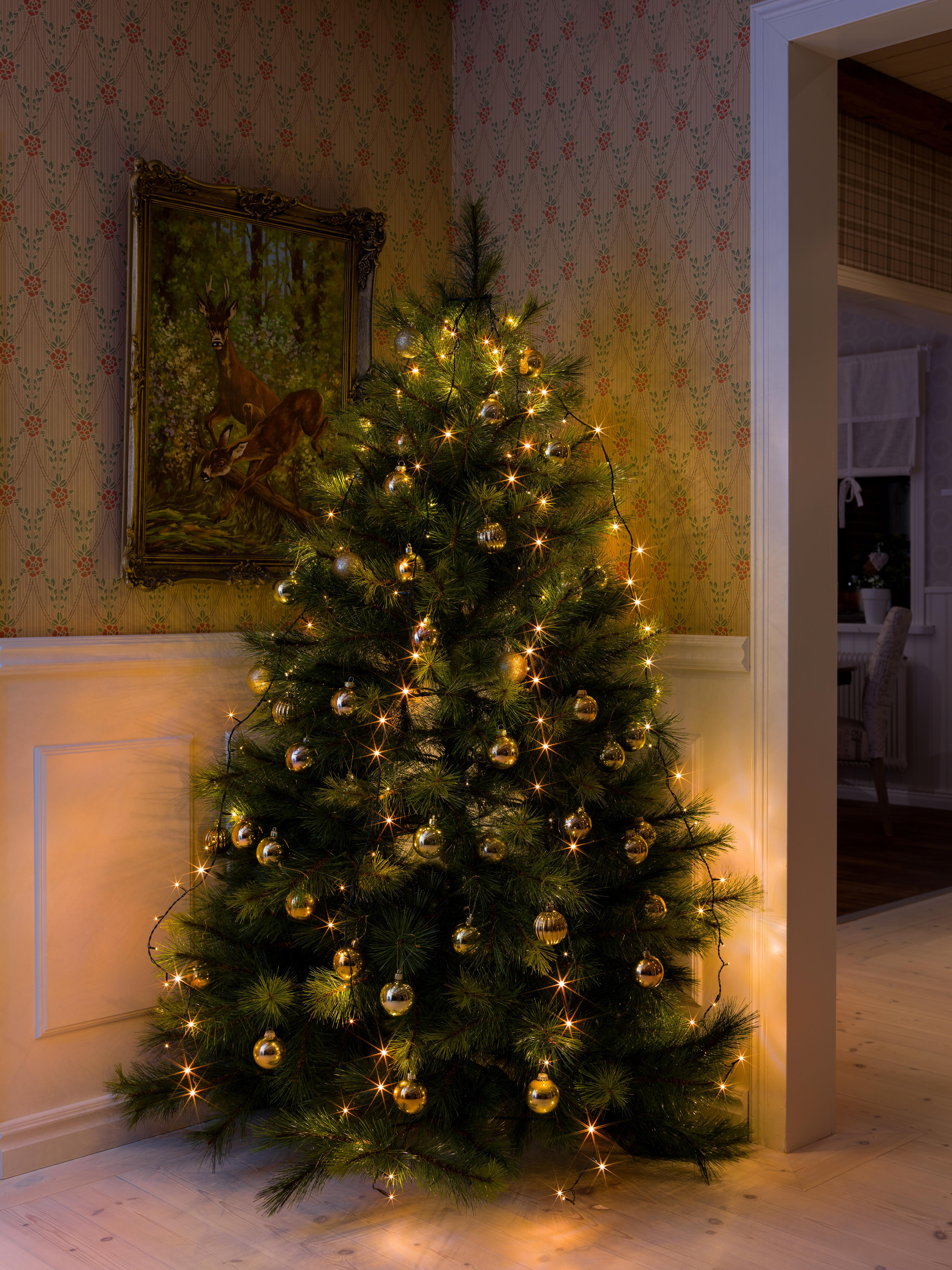 Ein Weihnachtsbaum mit Lichtern und Ornamenten in einem Haus, in der Nähe einer Tür.
