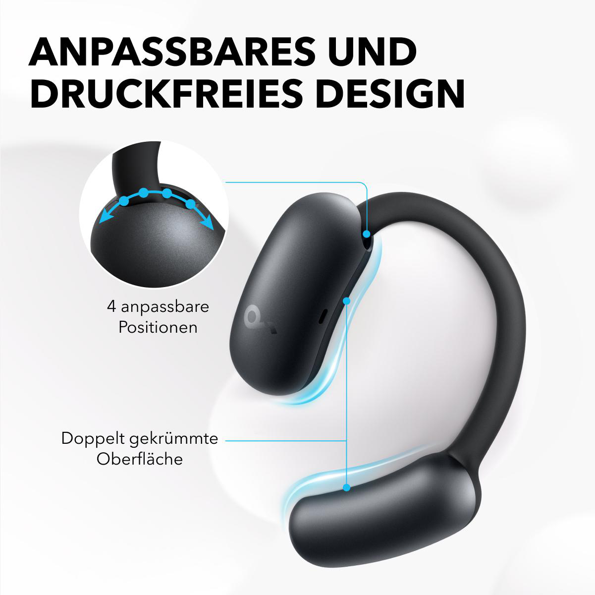 Schwarze Kopfhörer im Nackenbügelstil mit einstellbaren Positionen. Text auf Deutsch beschreibt die Designmerkmale.