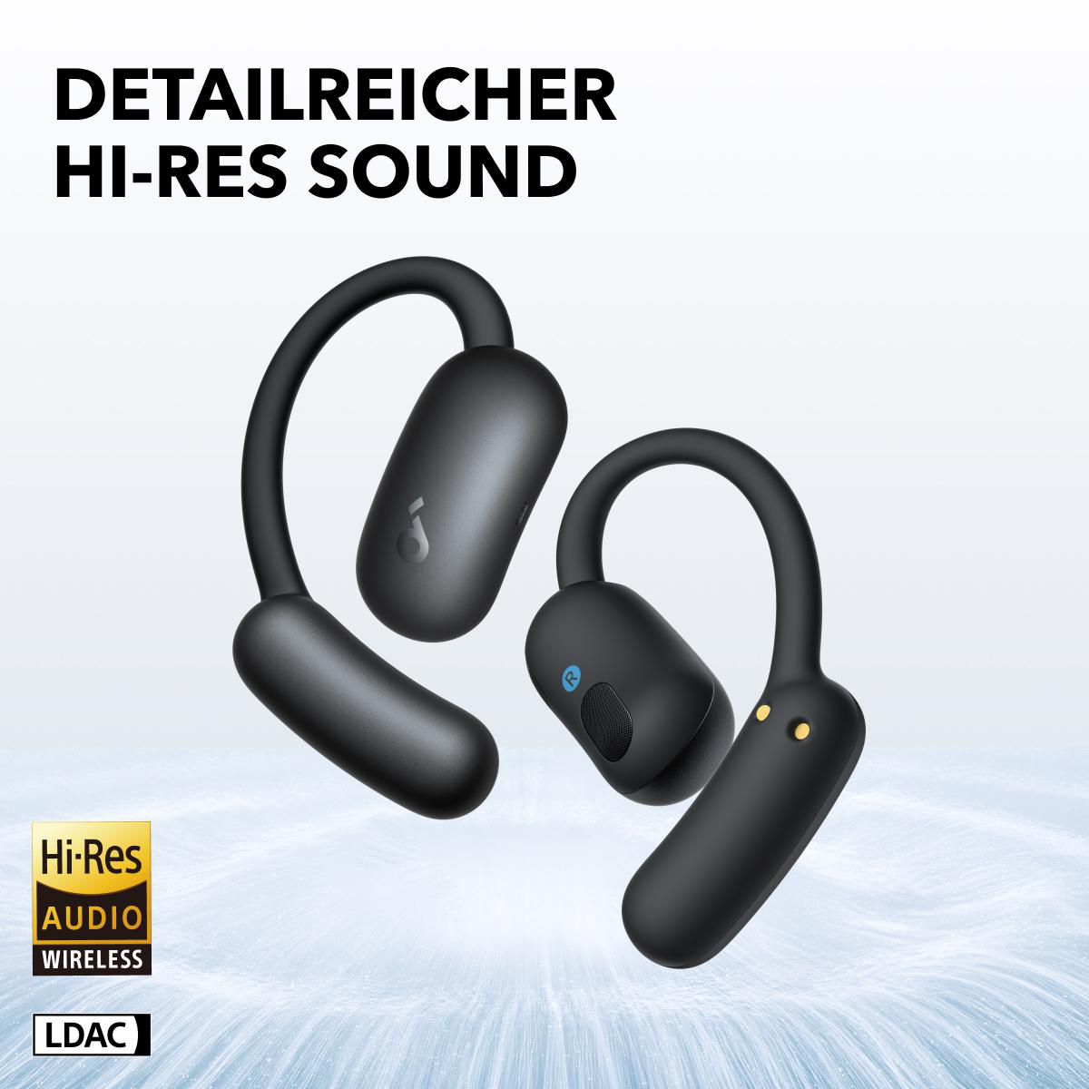 Schwarze kabellose Knochenschallkopfhörer. Der Text 'Hi-Res AUDIO WIRELESS' ist sichtbar.