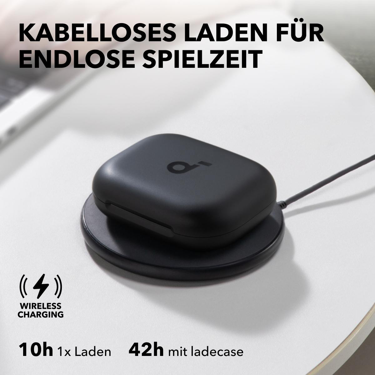 Schwarzes kabelloses Ladepad mit Ladecase und Text über Spielzeit und Aufladen.