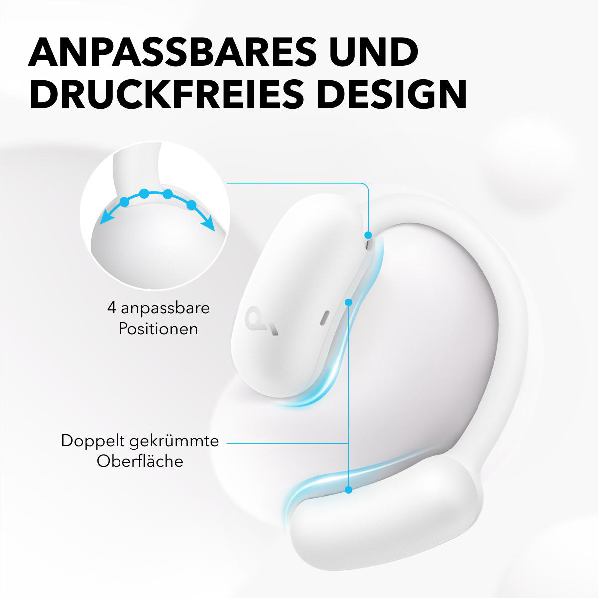 Weiße Ohrhörer mit geschwungenem Design. Diagramm zeigt einstellbare Positionen und Oberfläche.