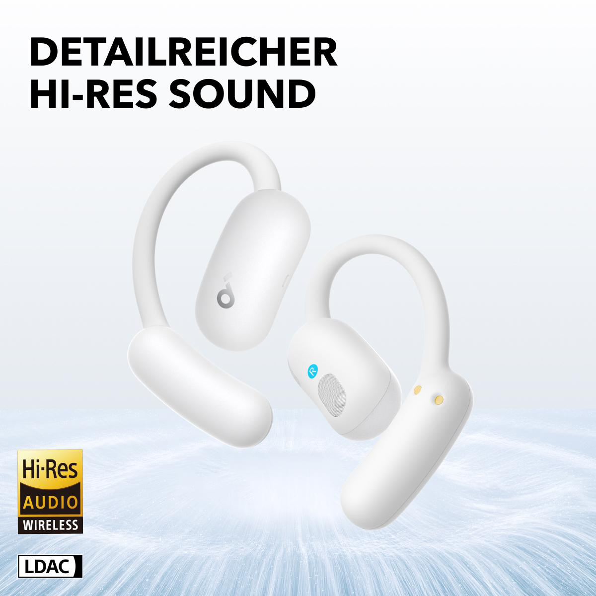 Weiße kabellose Kopfhörer. Der Text Detailreicher Hi-Res Sound steht darüber.