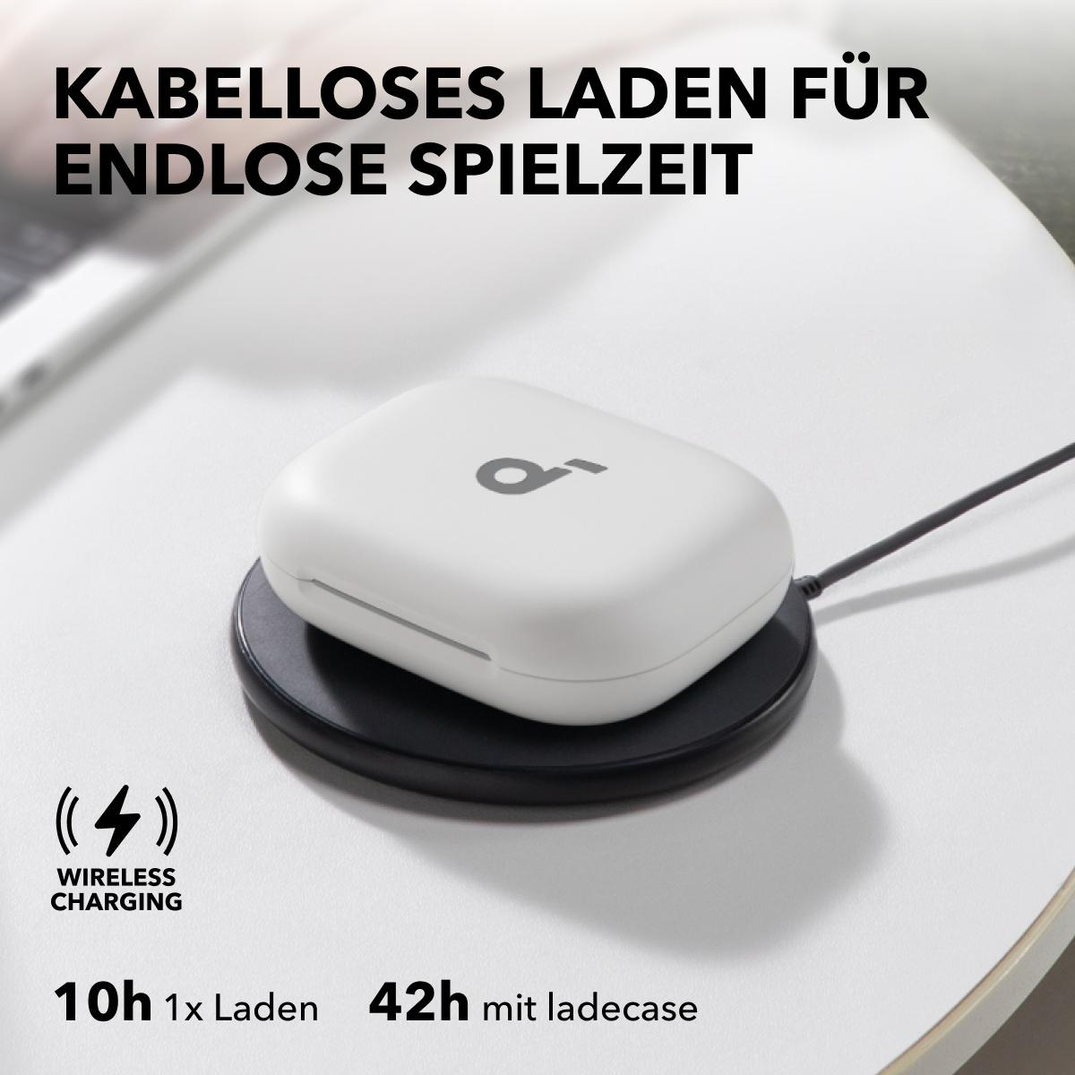 Weißes Ladecase auf schwarzem kabellosen Ladegerät. Text: Kabelloses Laden, 10h, 42h.