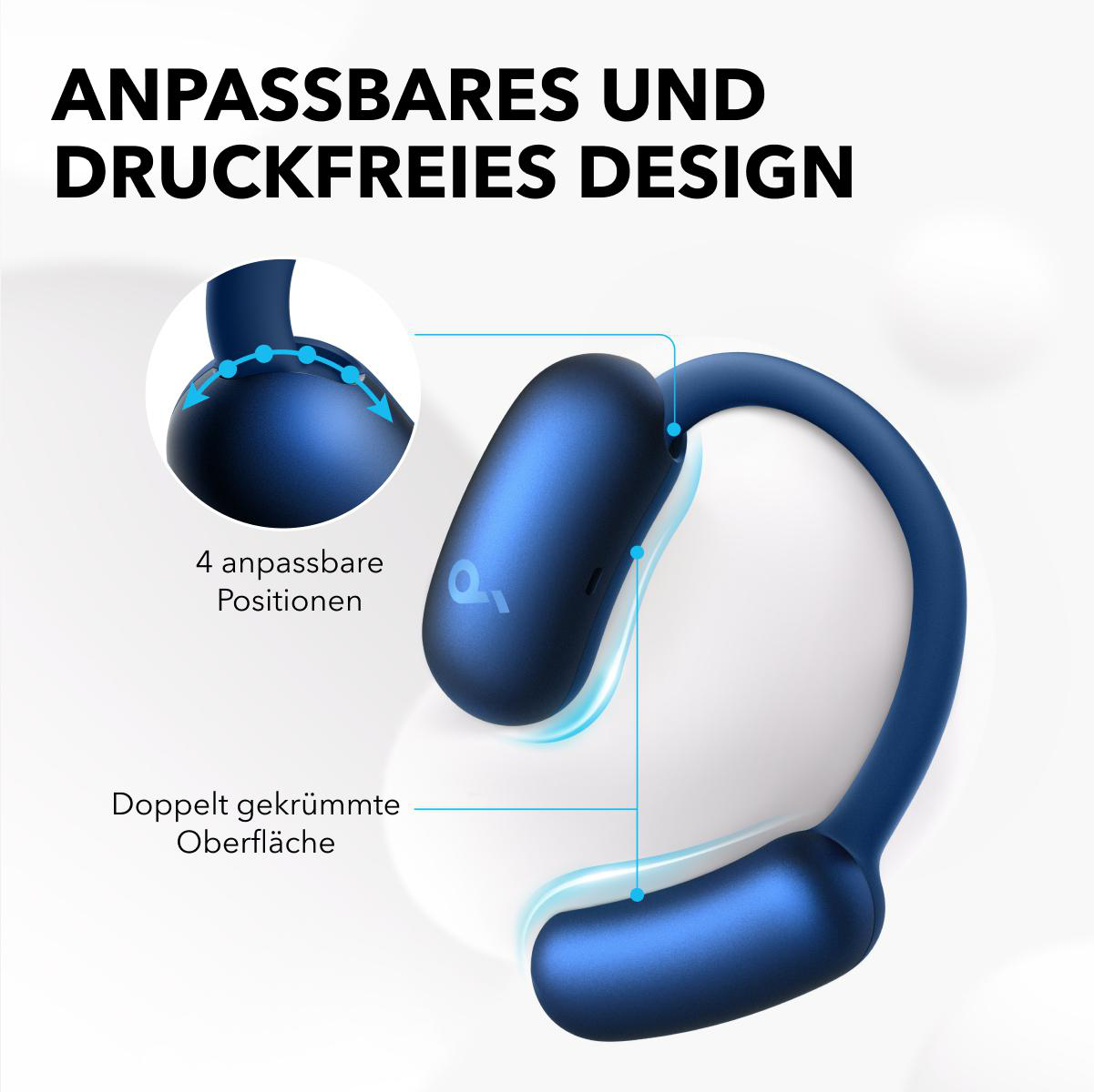 Blaue Anker Ohrbügel-Kopfhörer. Er hat den Text: Anpassbares und druckfreies Design.