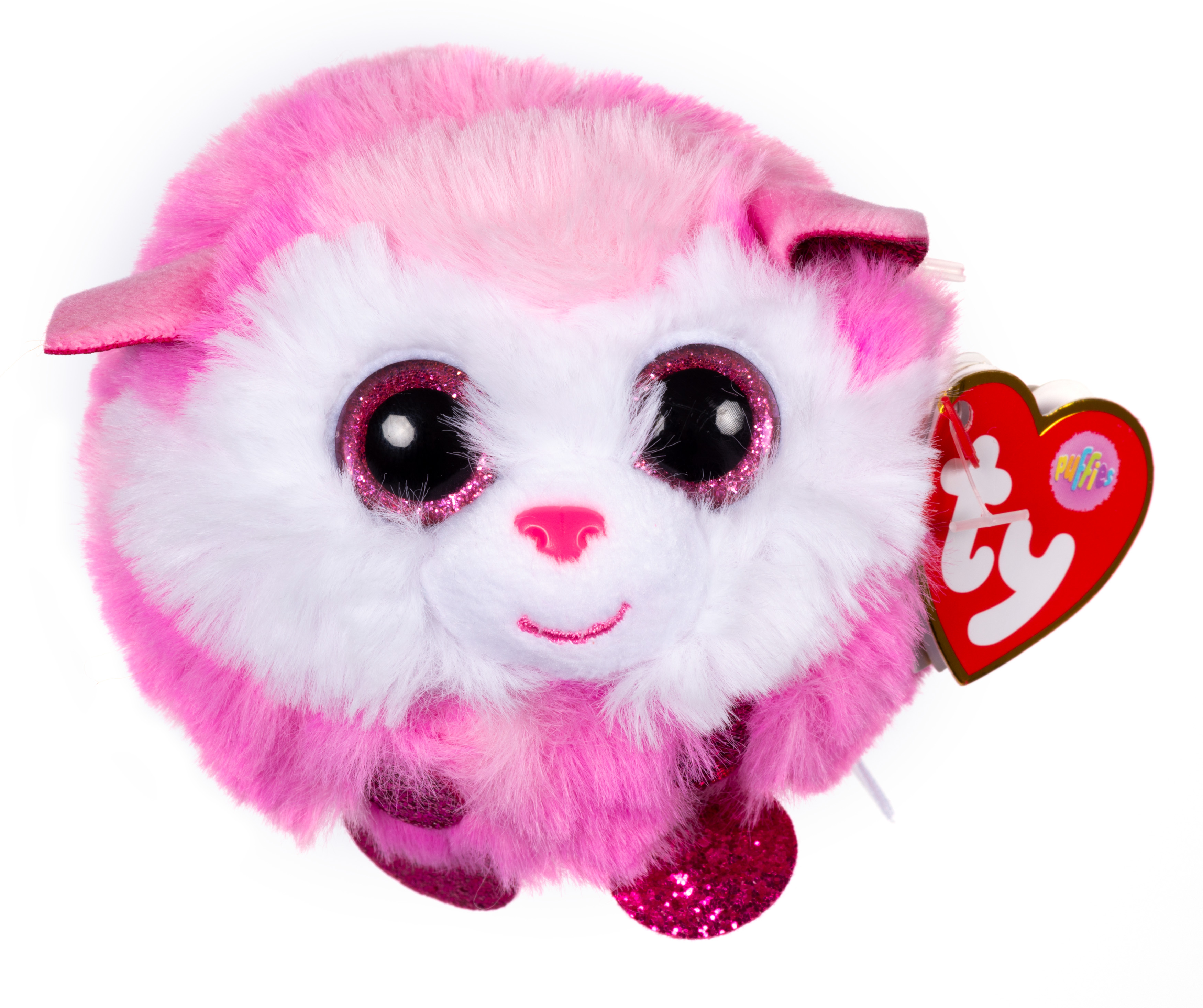 Ein rosa-weißes Stofftier mit großen Augen und einem Herzanhänger.