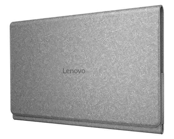 Una funda gris para portátil Lenovo con el logotipo de Lenovo en el centro.