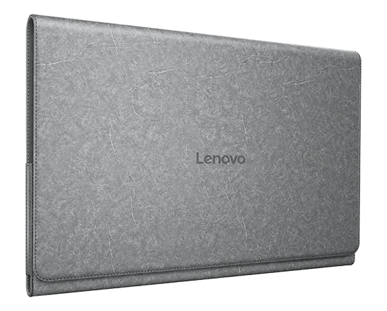 Funda gris para tableta Lenovo, cerrada, con el logotipo de Lenovo centrado.