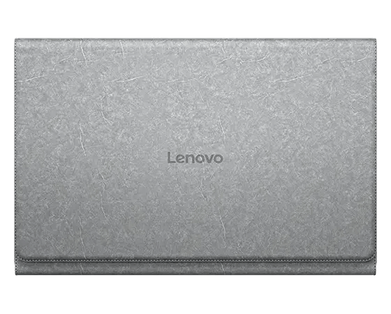 Funda gris para tableta Lenovo. La superficie tiene un efecto texturizado, con el nombre de la marca.