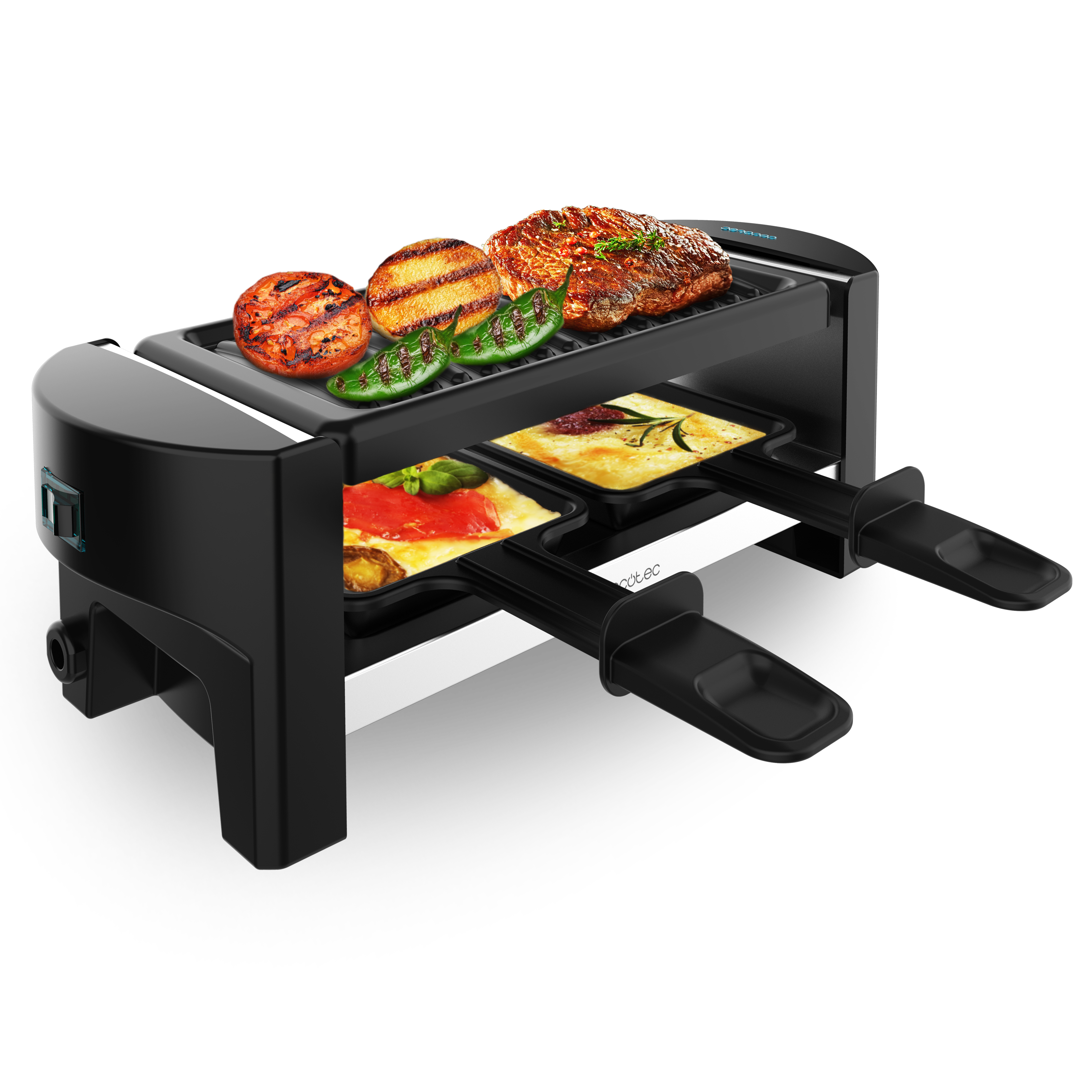 Una parrilla de raclette negra con varios alimentos cocinándose encima: verduras y carne a la parrilla y queso.