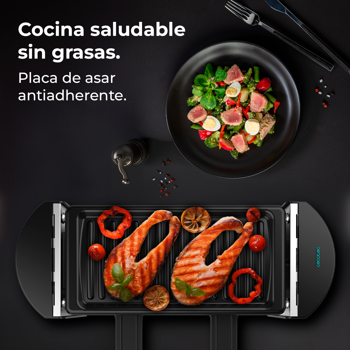 Filetes de salmón a la parrilla y verduras en una parrilla negra, con texto arriba.
