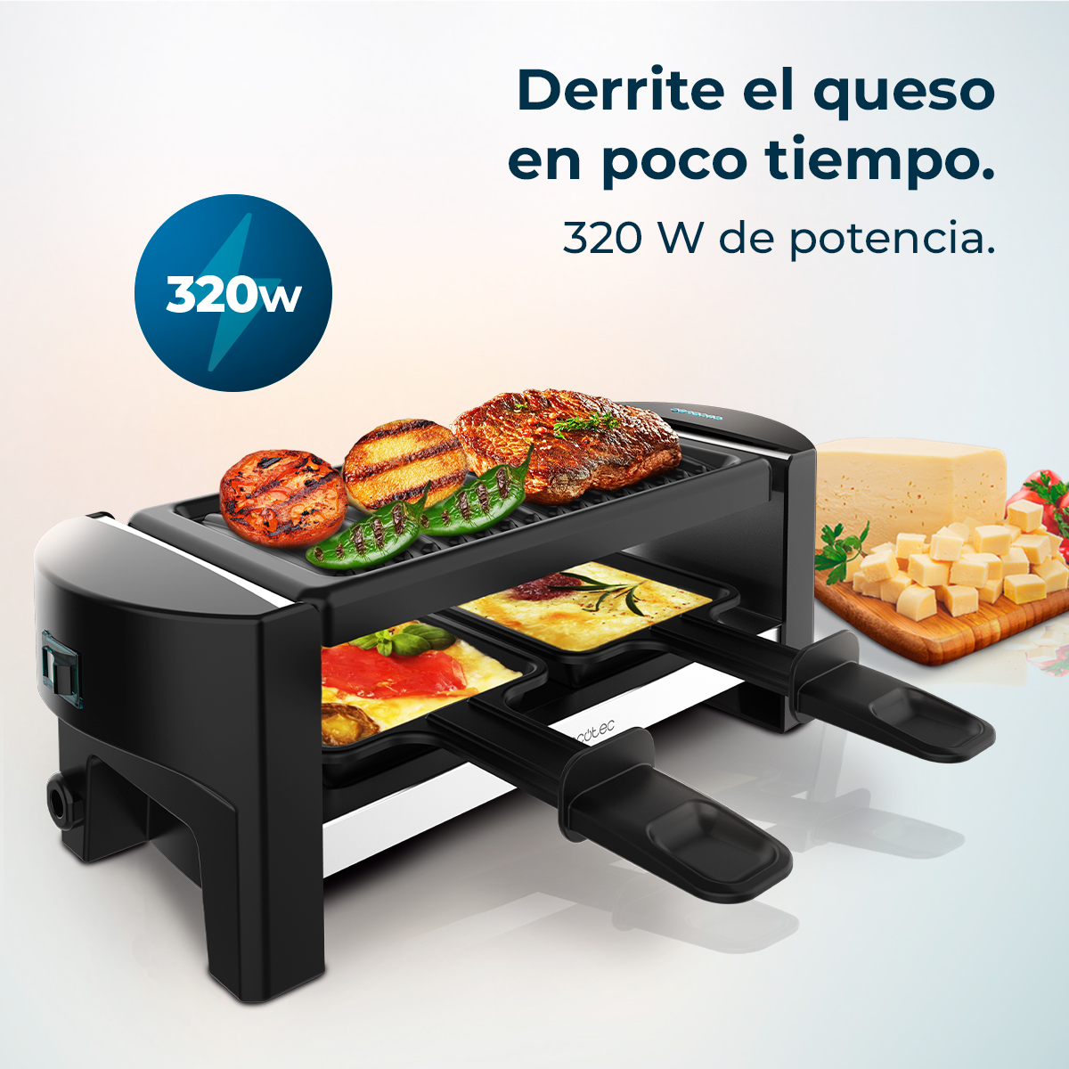 Parrilla de raclette con comida, queso y texto superpuesto.