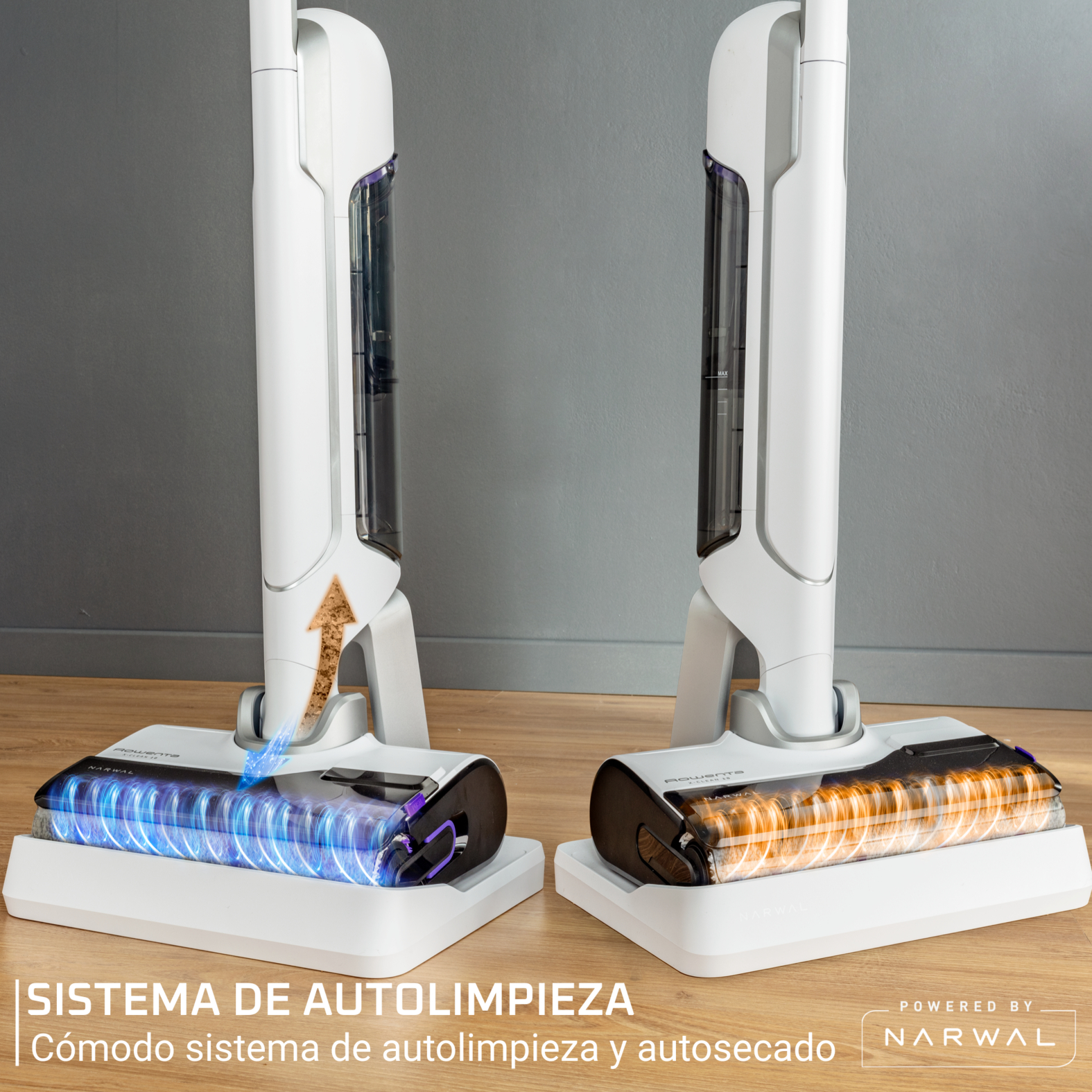 Dos bases de aspiradora blancas lado a lado, con rodillos de limpieza visibles. Texto: Sistema de autolimpieza.