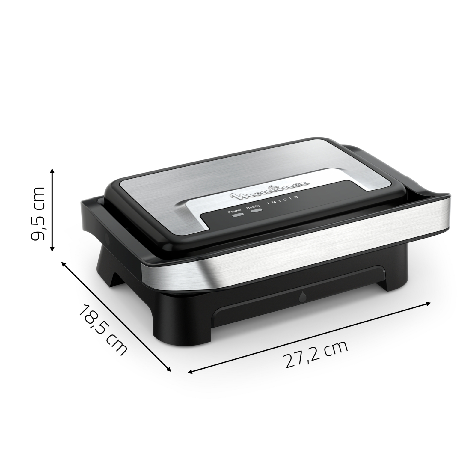 Máquina de sellado de alimentos con dimensiones etiquetadas, negra y plateada.