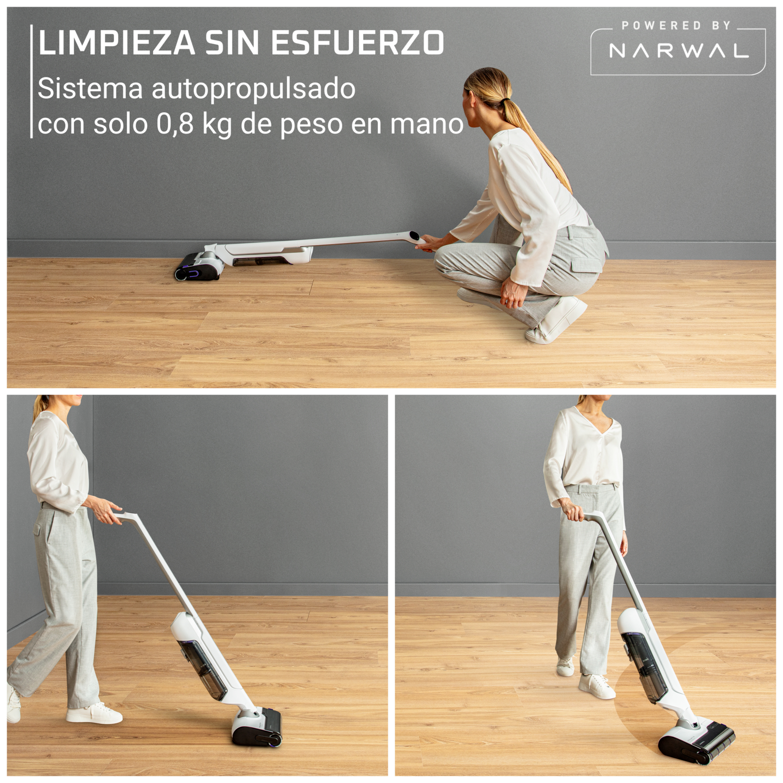 Una mujer usando un robot trapeador autopropulsado Narwal. Está arrodillada, sosteniendo el mango.