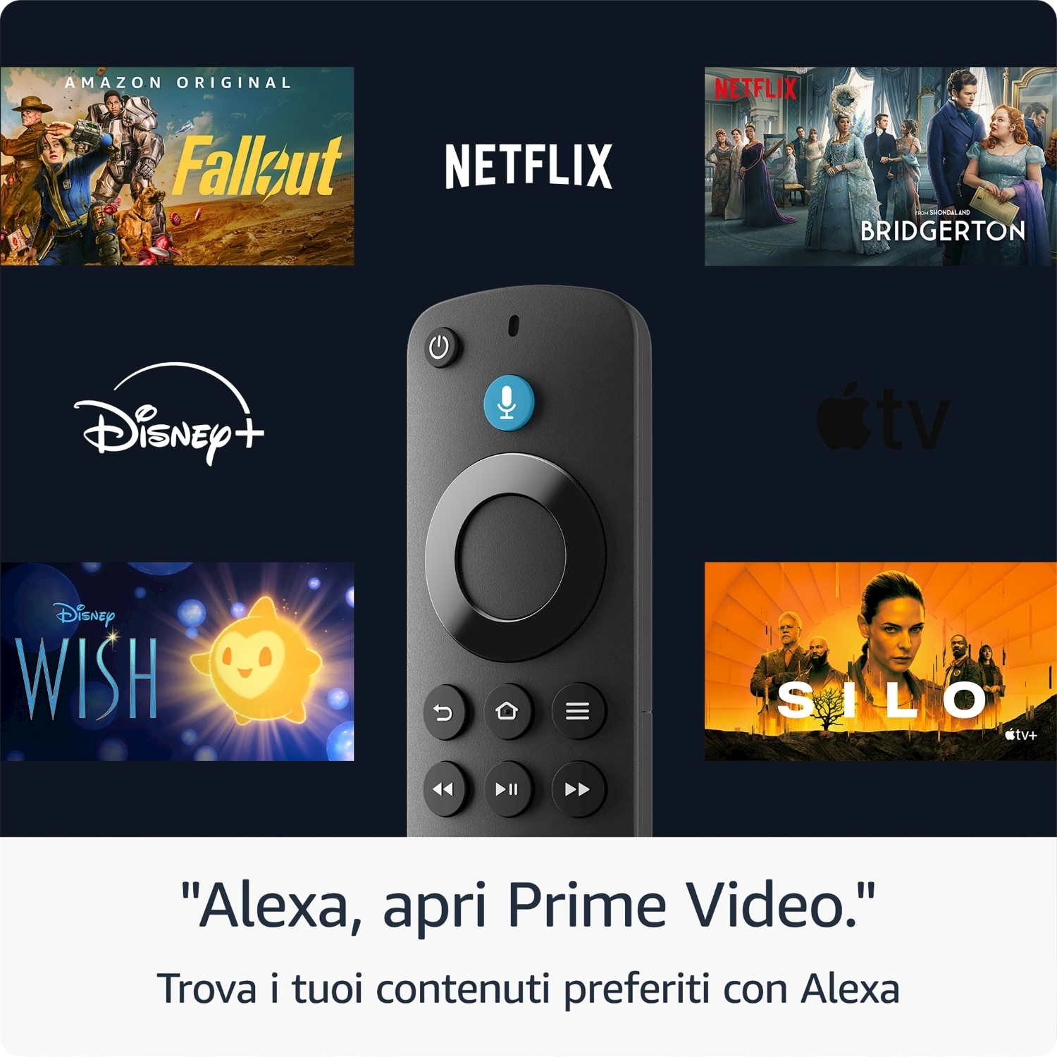 Telecomando nero con loghi: Amazon, Netflix, Disney+, Apple TV. Pulsante microfono blu.