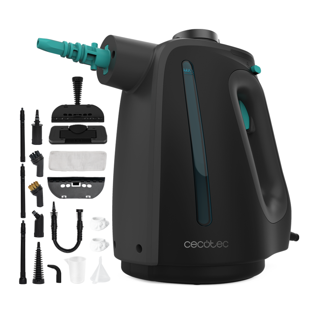Limpiador a vapor negro con múltiples accesorios. Tiene un indicador de nivel de agua y varias boquillas y cepillos.