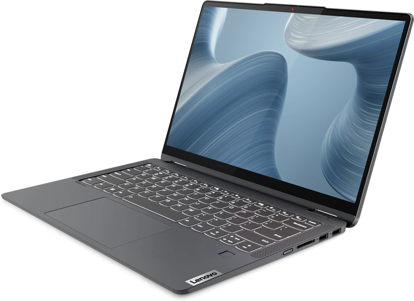 Egy szürke laptop nyitva van, képernyőjén kék-fehér absztrakt dizájn látható.