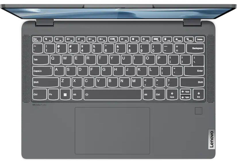 Felülnézet egy szürke laptopról, háttérvilágítású billentyűzettel. A képernyő nyitva van.
