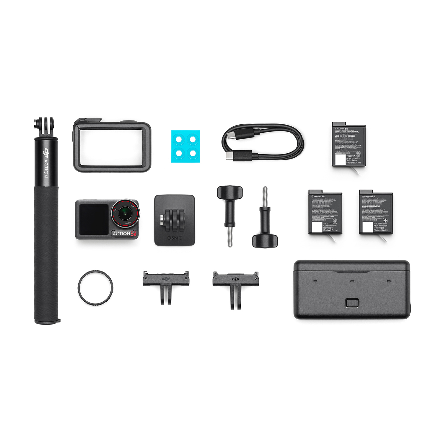 Accessori per action cam: fotocamera, custodia, batterie, caricabatterie, supporto.
