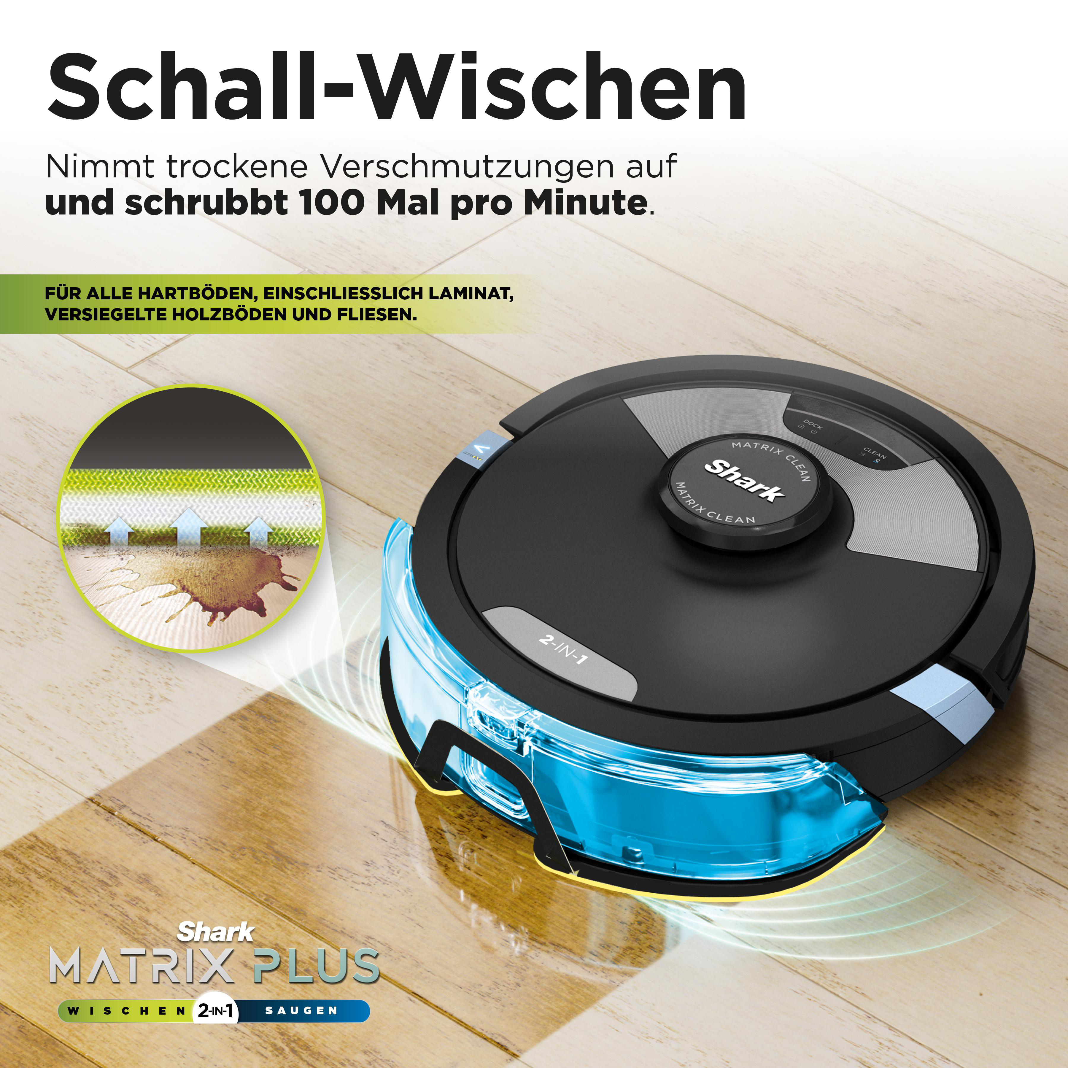 Shark Matrix Plus Staubsauger auf Holzboden. Text über Reinigen und Schrubben.