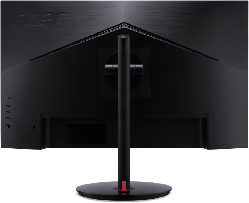 Fekete számítógép monitor hátulnézete. Acer logó, állvány és portok láthatók.