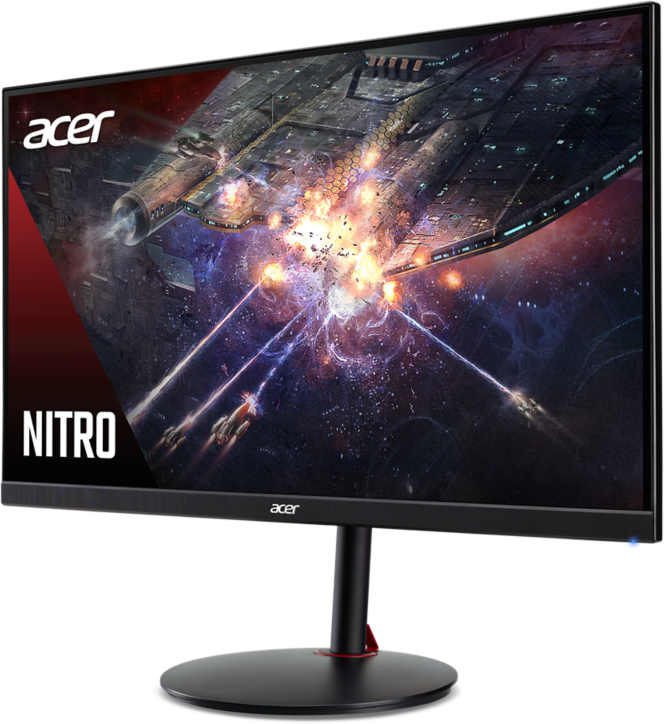 Játék monitor űrbéli jelenettel, fekete alappal, piros elemekkel, 'NITRO' és 'acer' márkával.