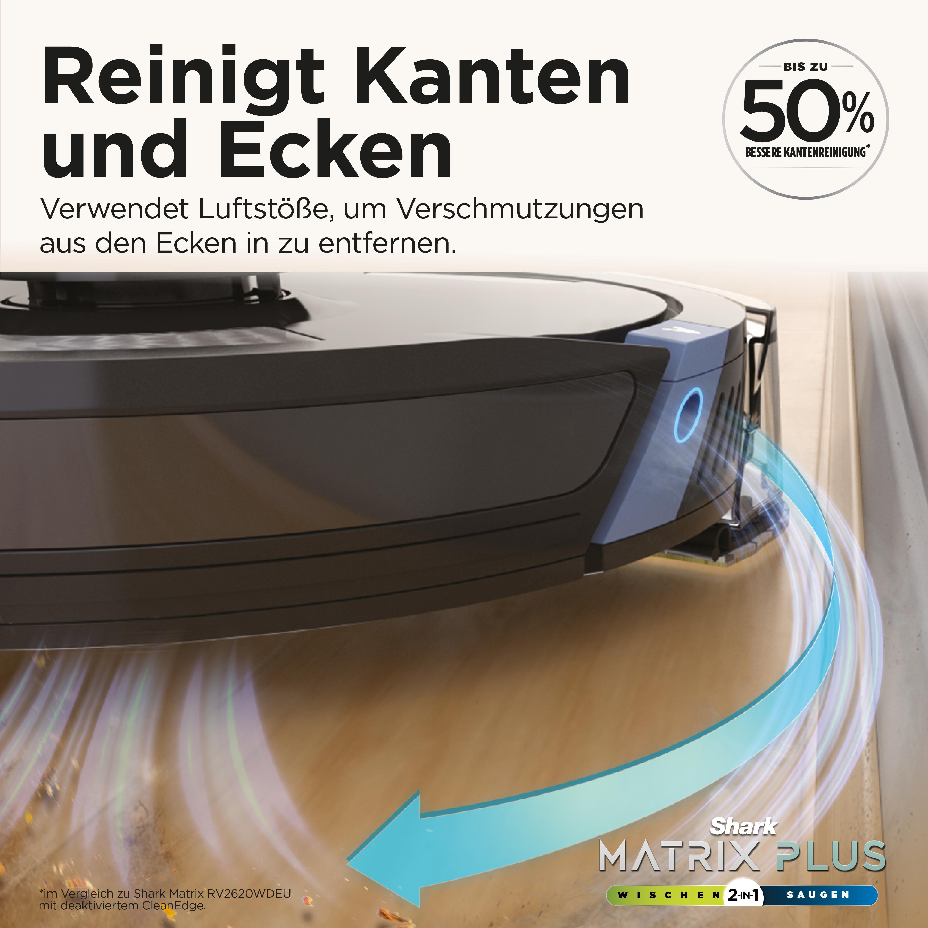 Ein Roboter-Staubsauger reinigt einen Holzboden. Text sagt 'Shark Matrix Plus' und 'Wischen 2-in-1 Saugen'.