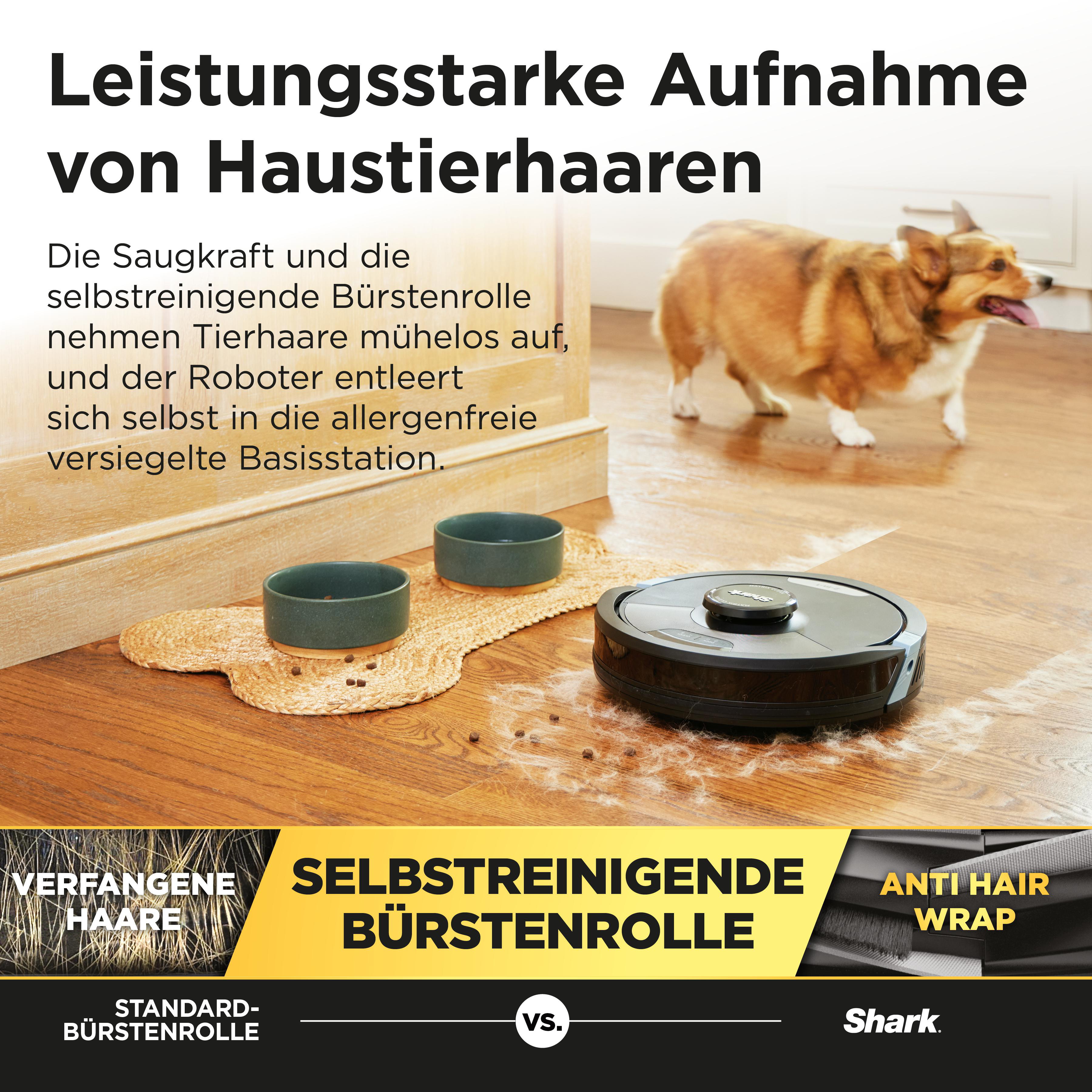 Hund auf Parkett, Roboterstaubsauger und Text zur Haarentfernung.