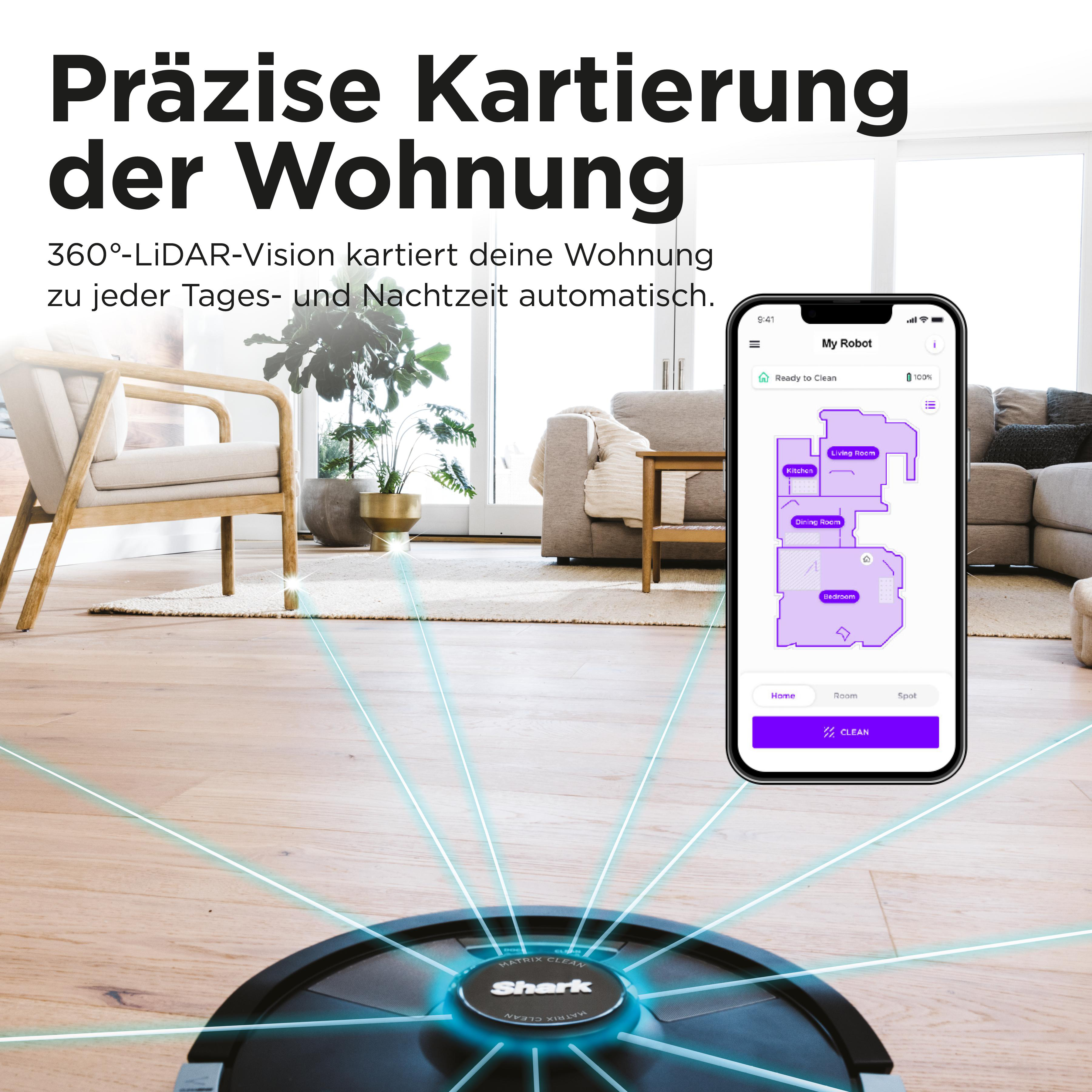 Ein Roboter-Staubsauger auf einem Holzboden. Ein Smartphone zeigt einen Grundriss.