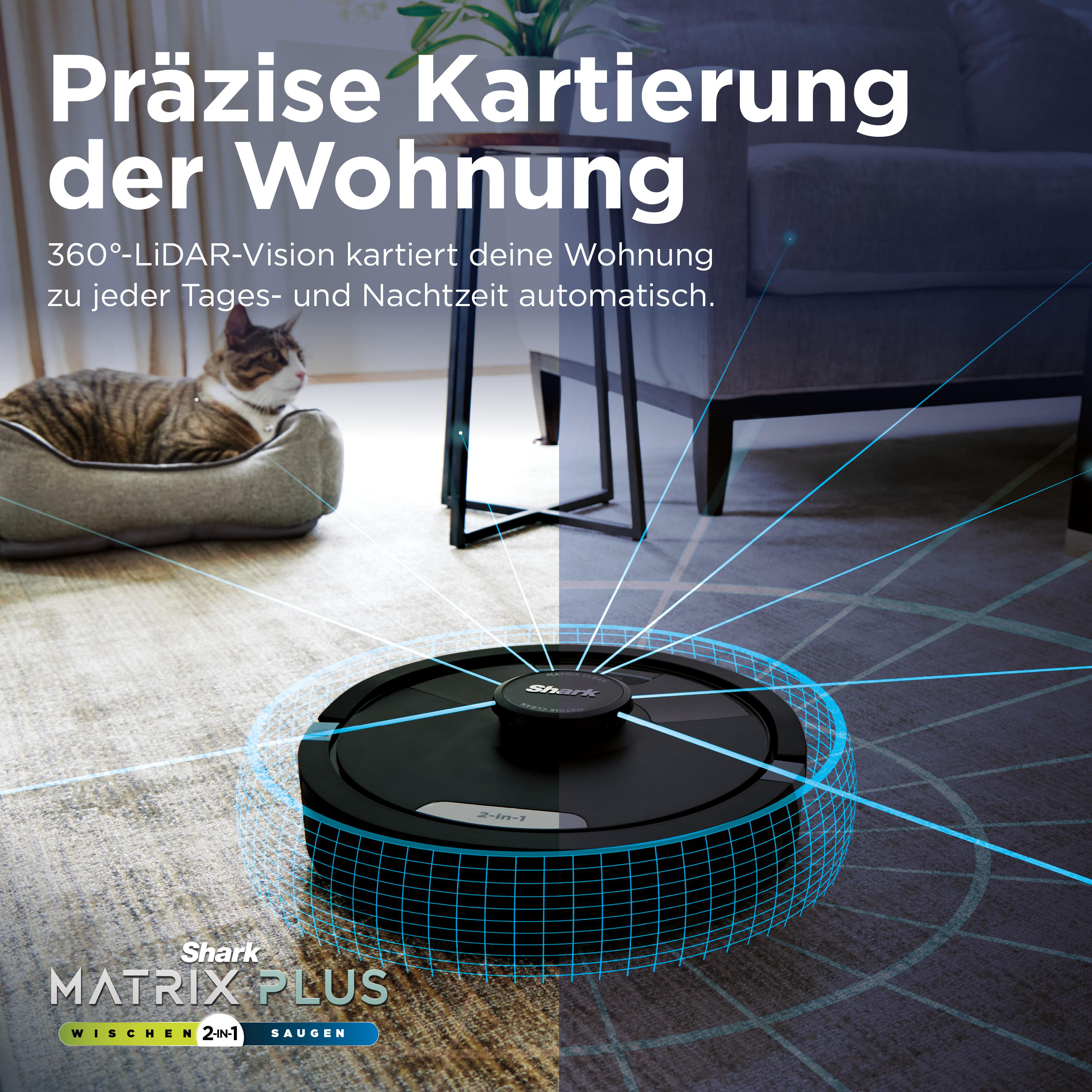Roboter-Staubsauger kartiert einen Raum, Katze im Hintergrund, modernes Interieur.